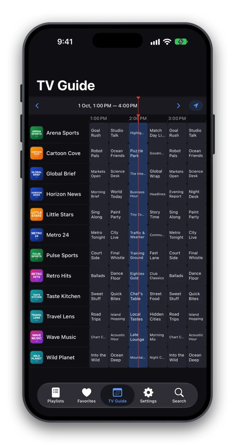 42Player's TV guide with programmes on a timeline