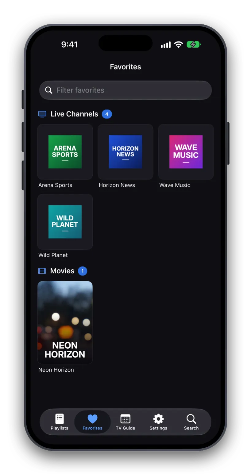 42Player's Favorites tab with saved channels