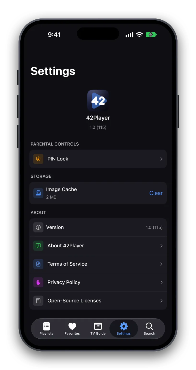 42Player's settings with parental controls and privacy options